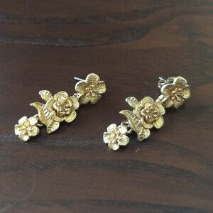 Gold Tone Floral Flower Dangle Stud Earrings Wedding Party Glam Special Occasion